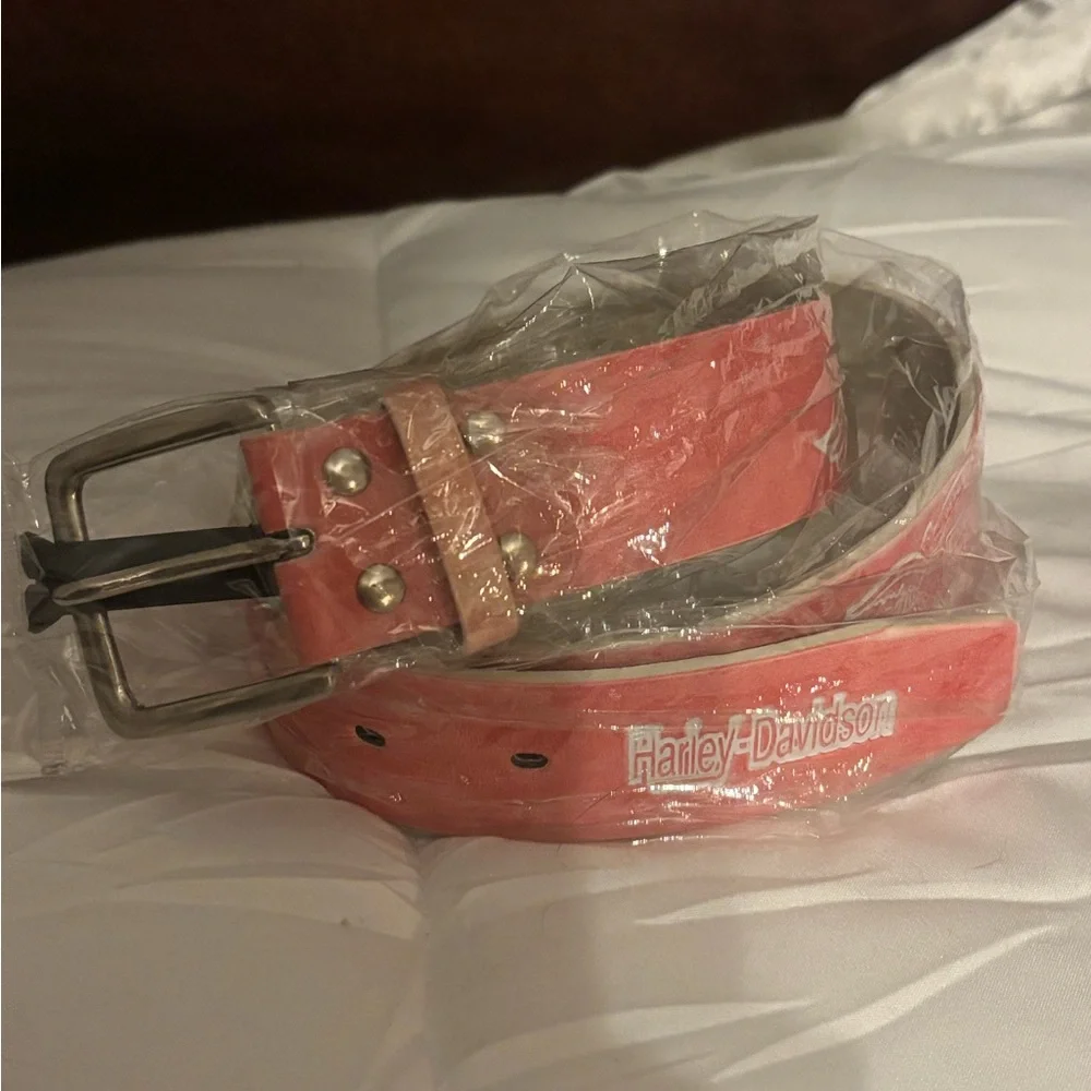 Harley-Davidson Coral Pink Leather Belt with White Logo appr. 36” long NWT